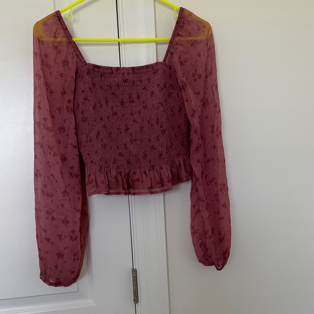 Hollister Burgundy Floral Blouse with Sheer Sleeves